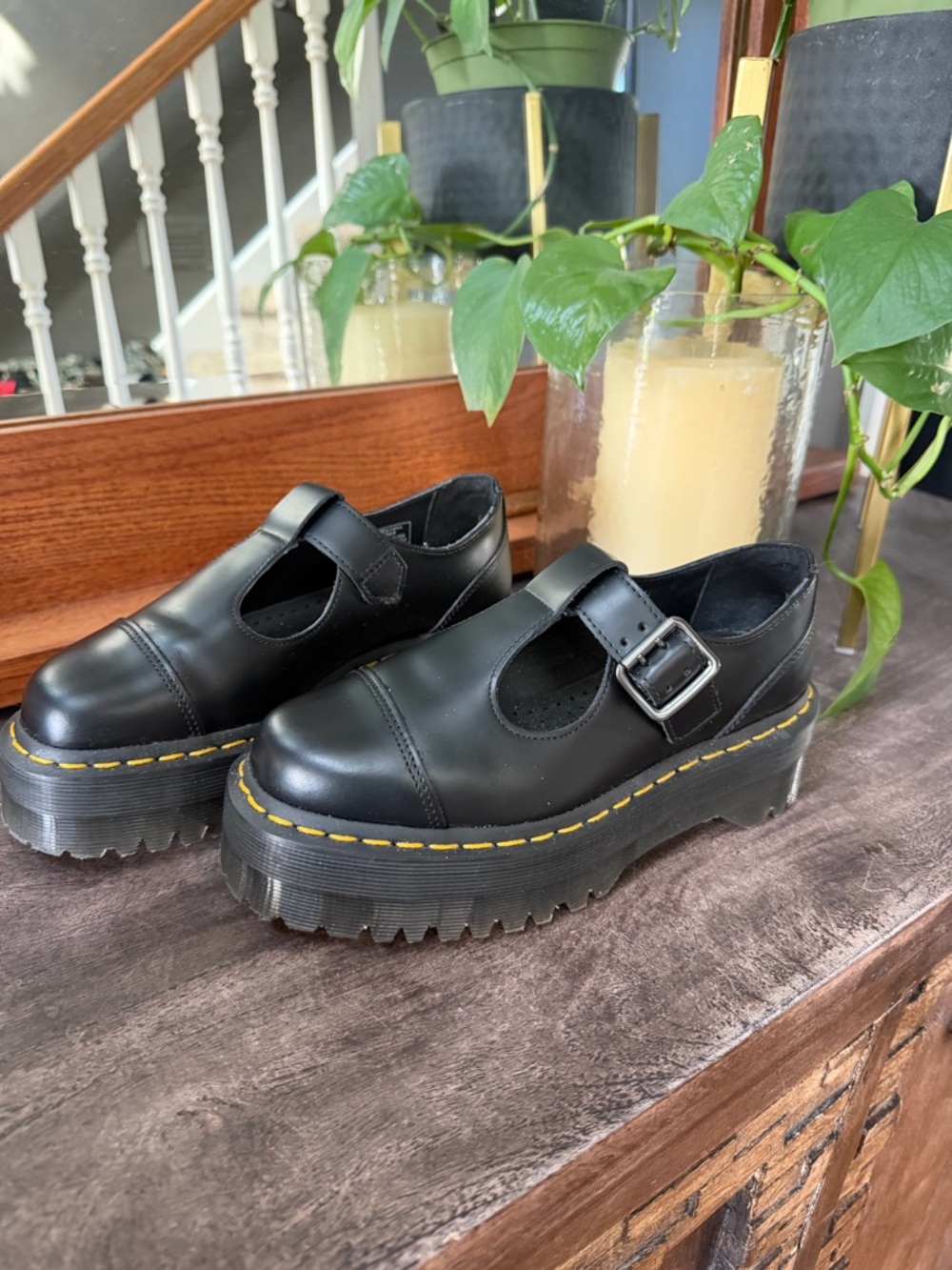 Dr. Martens Black Leather Platform Mary Jane with Yellow Stitching